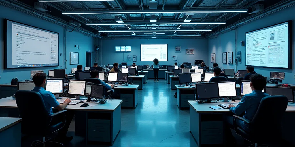 a large room with multiple monitors and tables in it's center area, with people working on computers