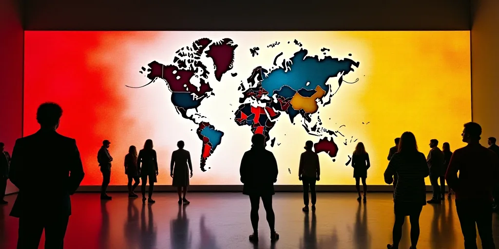 a large screen with a map of the world on it and people standing in front of it with a red and yello