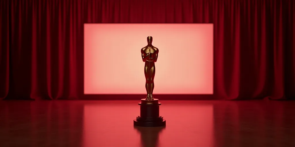 a large screen with a statue of an oscar statue in front of it and a red curtain behind it, Christop