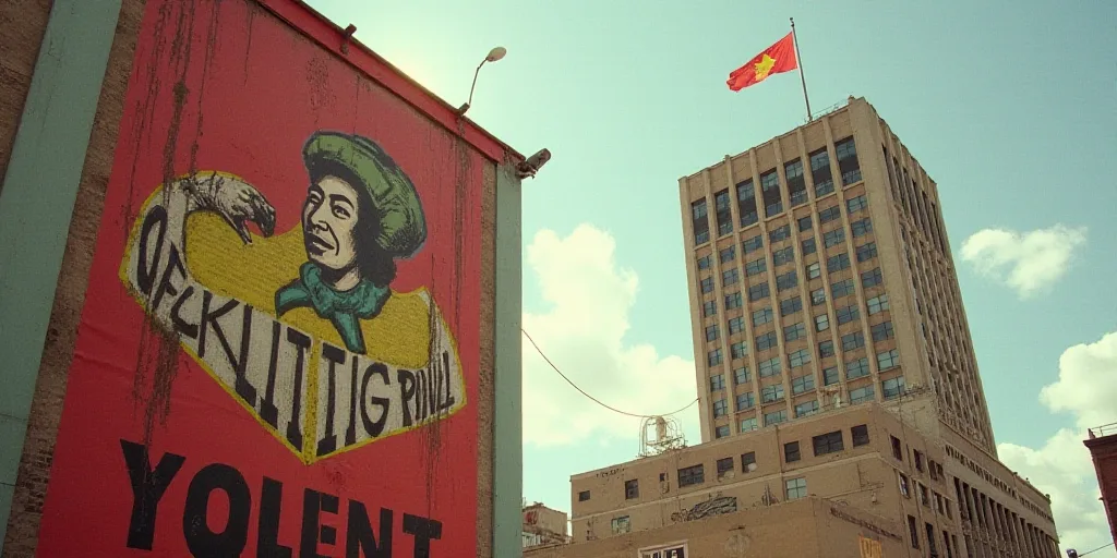 a large sign hanging from the side of a building next to a tall building with a flag on it, David Al