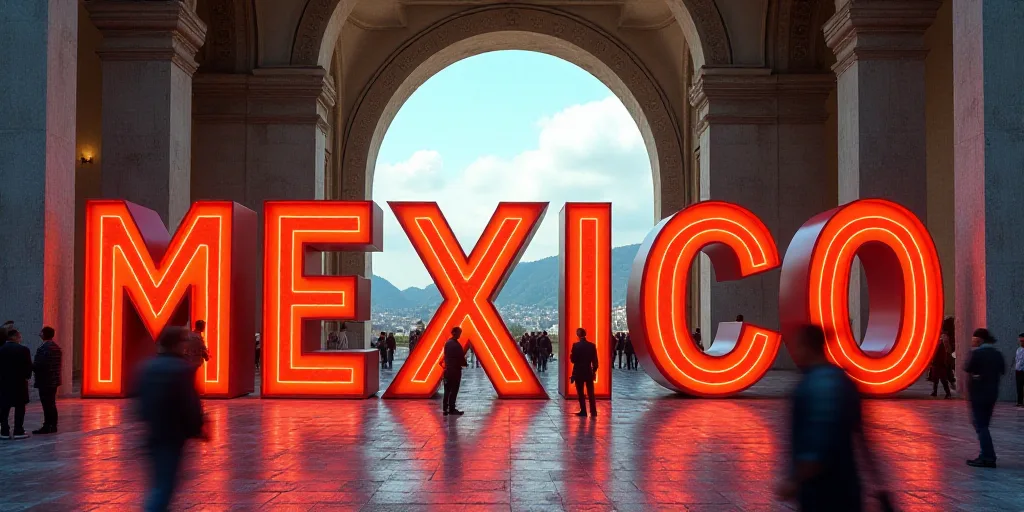 a large sign that says mexico inside of a building with people standing around it and a large sign t