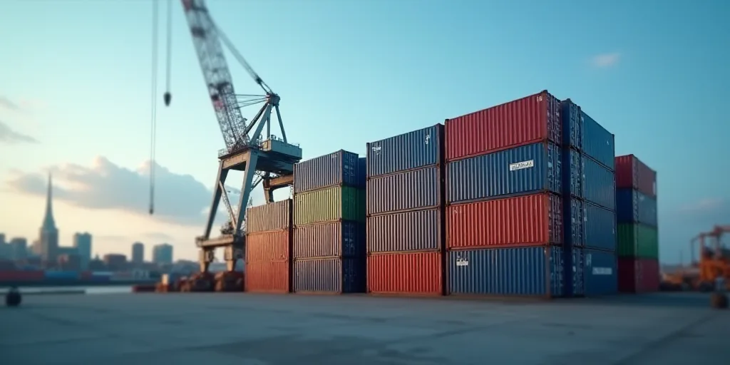 a large stack of containers sitting next to a crane in a harbor area of a city with a blue sky, Andr