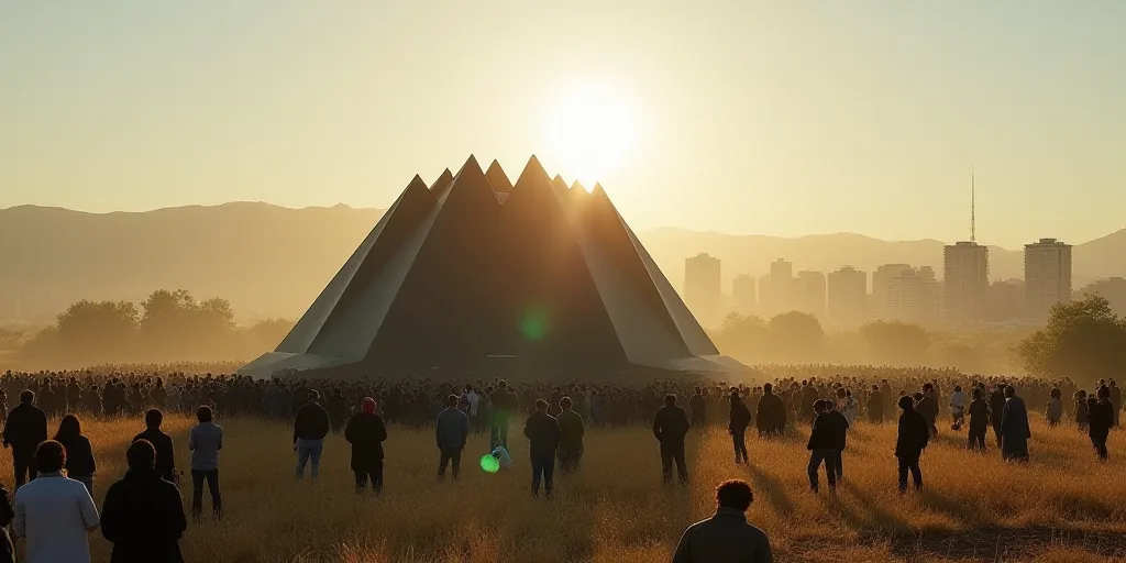 a large stage with a lot of people standing around it in a field with a city in the background, Aqui