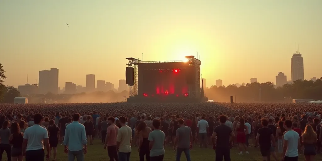 a large stage with a lot of people standing around it in a field with a city in the background, Aqui
