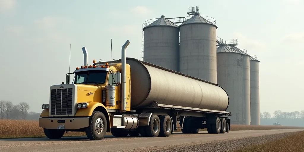 a large truck parked in front of a factory building with a large silo behind it and a large silo beh