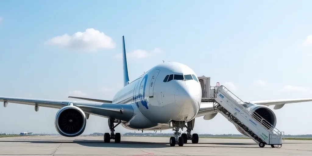 a large white airplane with blue lettering on it's side and stairs leading up to it's landing area,