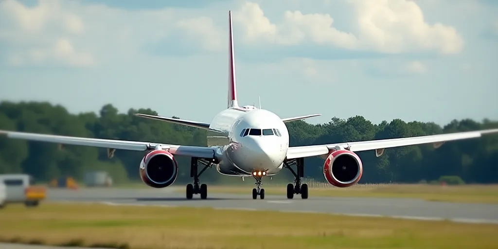 a large white and red airplane on a runway with trees in the background and clouds in the sky above,