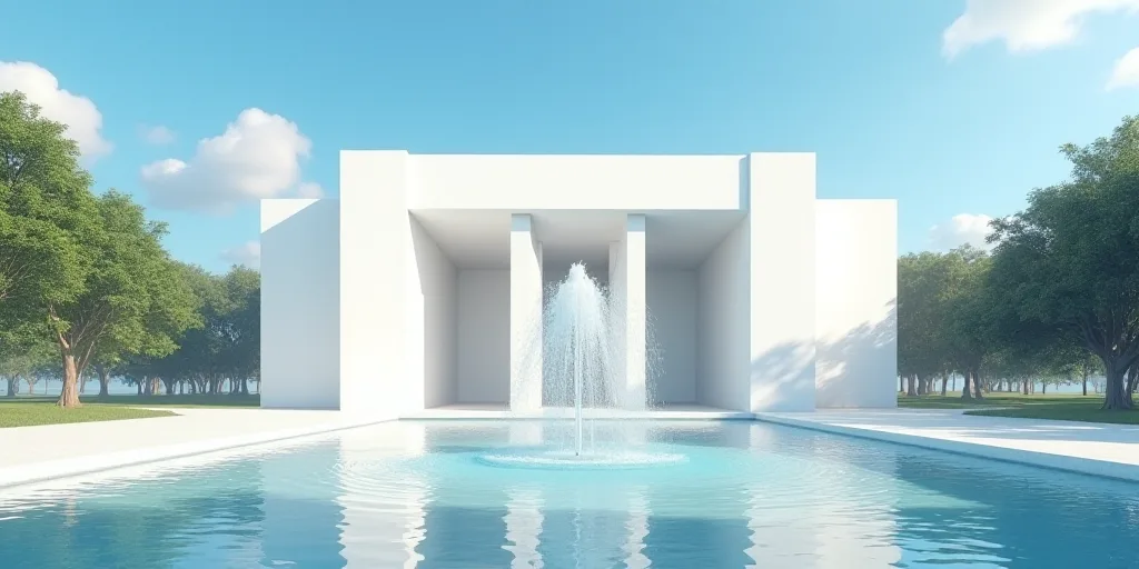 a large white building with a fountain in front of it and a blue sky in the background with a few cl