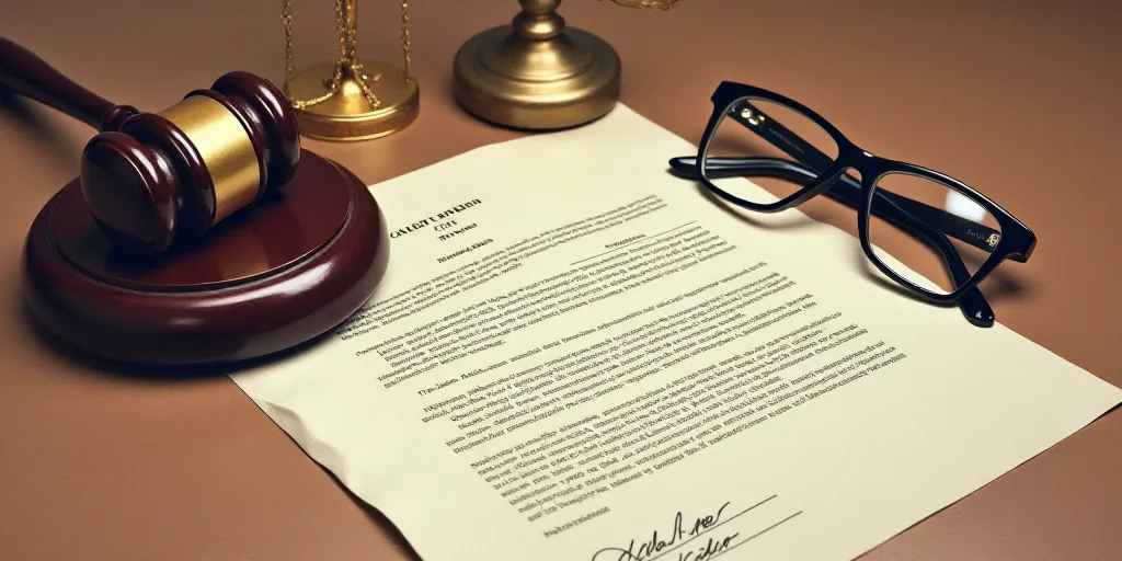 a legal document with a gaven and scale of justice on it next to a pair of glasses and a scale of ju
