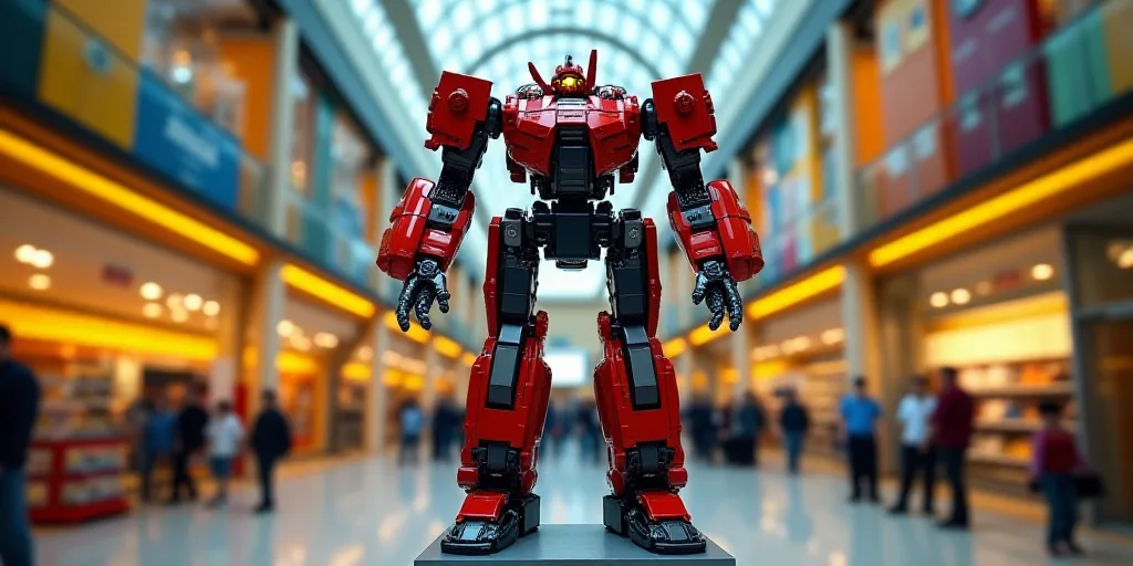 a lego store with a giant robot on display in the center of the building and people in the backgroun