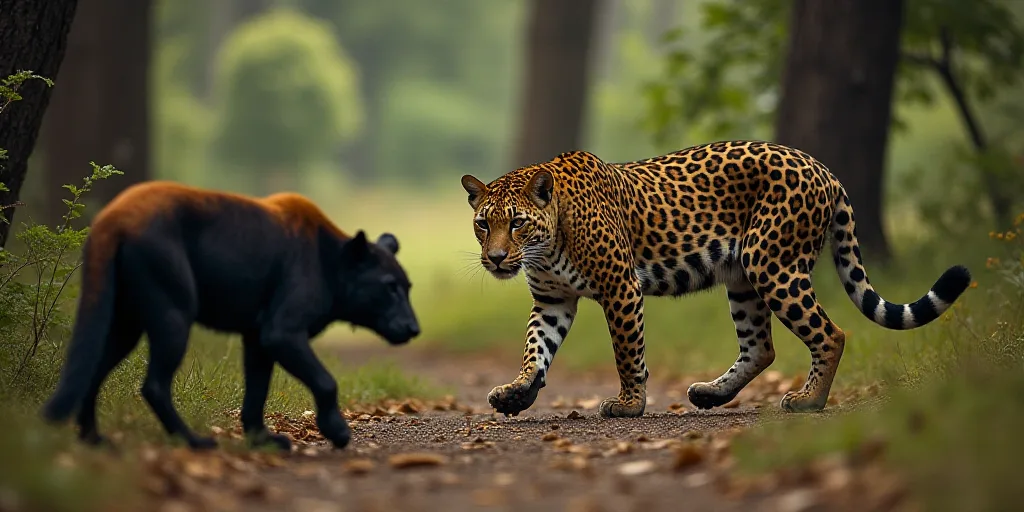 a leopard walking through a forest filled with trees and bushes, with a black and orange animal in t