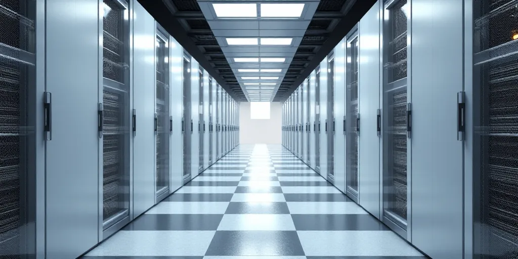 a long hallway with rows of white servers in a data center with a checkered floor and ceilinging, An