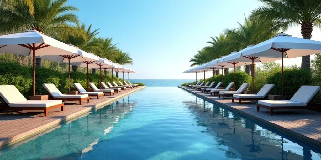 a long pool with lounge chairs and umbrellas next to it and a wooden deck with chairs and umbrellas,