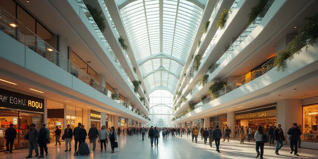 a mall with a lot of people walking around it and a few shops on the ground below them and a few peo
