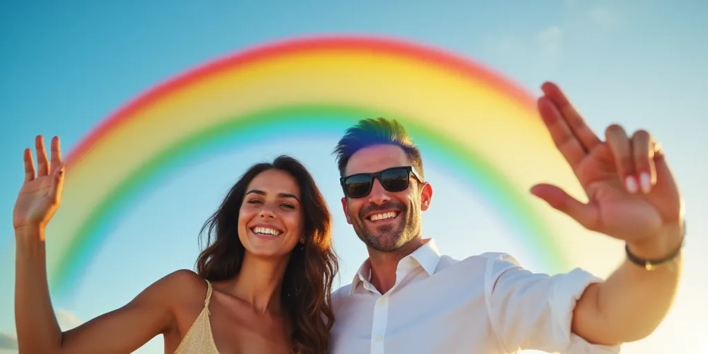 a man and a woman are smiling and waving at the camera while a man in a white shirt and sunglasses i