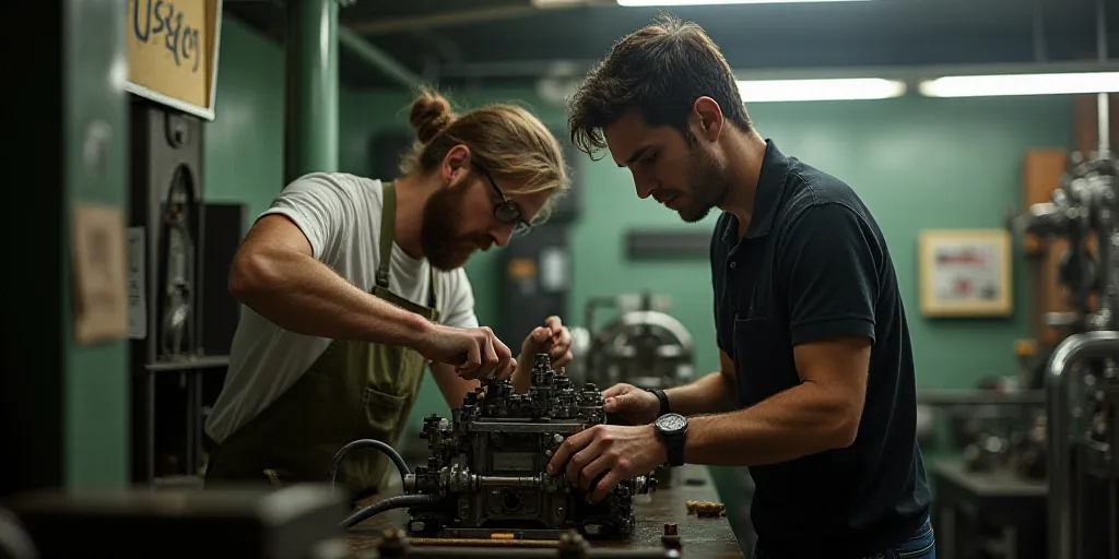 a man and a woman are working on something in a machine room with a hose and a sign on the wall, Cef