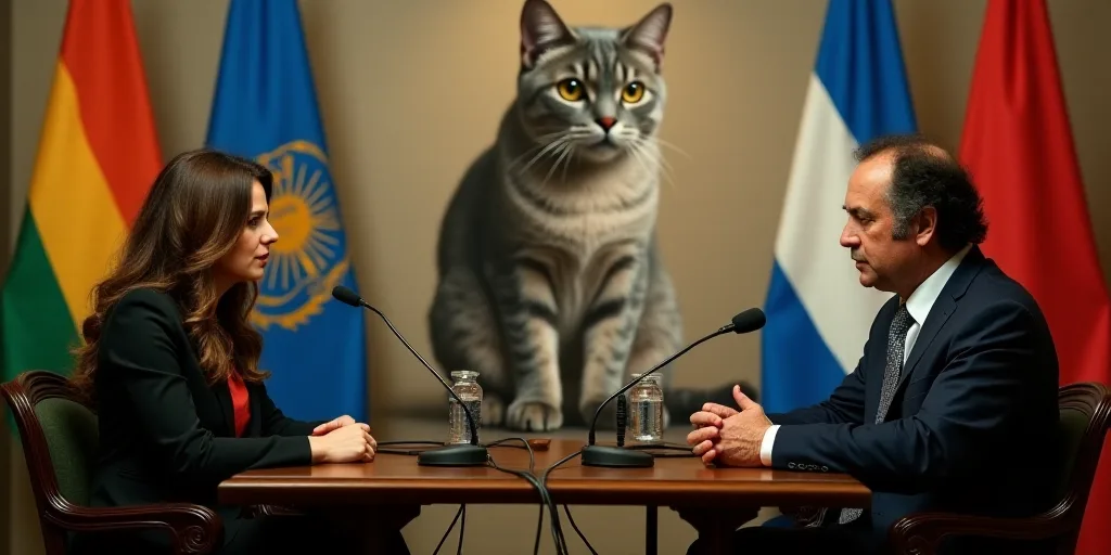 a man and a woman sitting in chairs talking into microphones at a press conference with a backdrop o