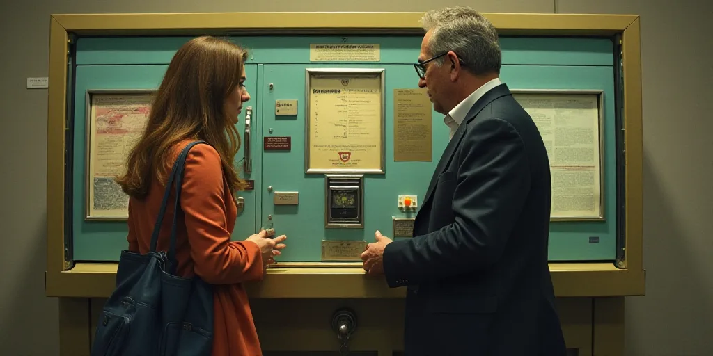 a man and a woman standing in front of a machine with a phone in it and a handbag, Emiliano Ponzi, i