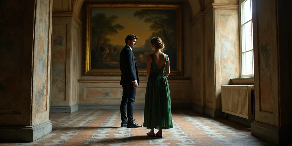 a man and a woman standing in a room with a painting on the wall behind them and a floor with a tile