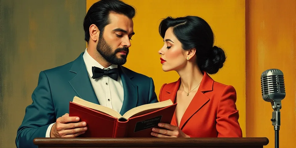 a man and woman are reading a book together at a podium with a microphone in the background and a si