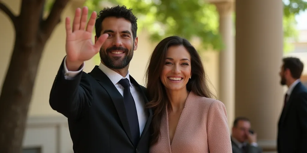 a man and woman are waving and smiling together at a ceremony in a building with a tree in the backg