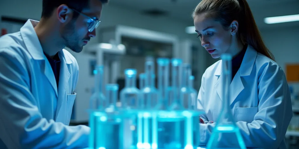 a man and woman in a lab setting in front of a rack of test tubes filled with liquid and flasks, And