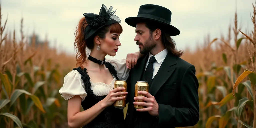 a man and woman in costume standing in a corn field with a can of beer in hand and a hat on, Ada Gla
