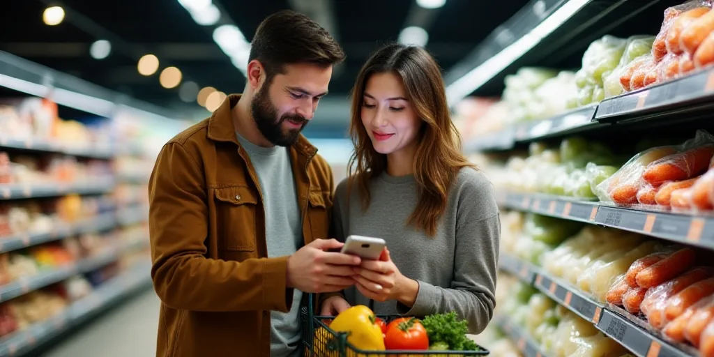 a man and woman looking at a cell phone in a grocery store aisle with a basket of food in front of t