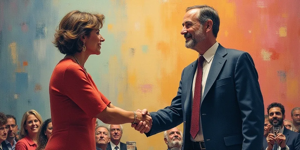 a man and woman shaking hands at a ceremony with a plaque in front of them that reads 25 th annivers