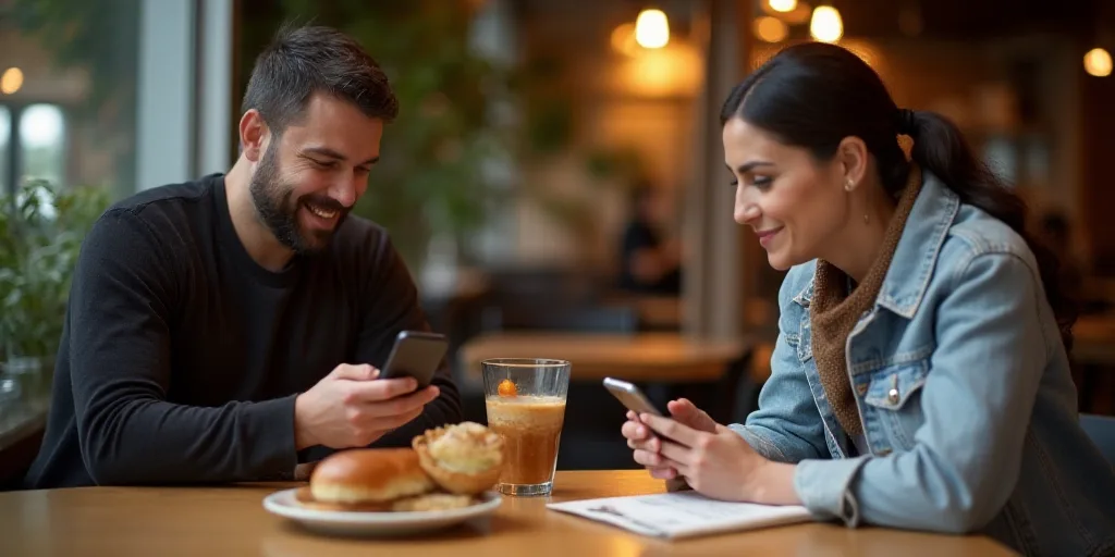 a man and woman sitting at a table with a menu and a drink in front of them, both holding a cell pho
