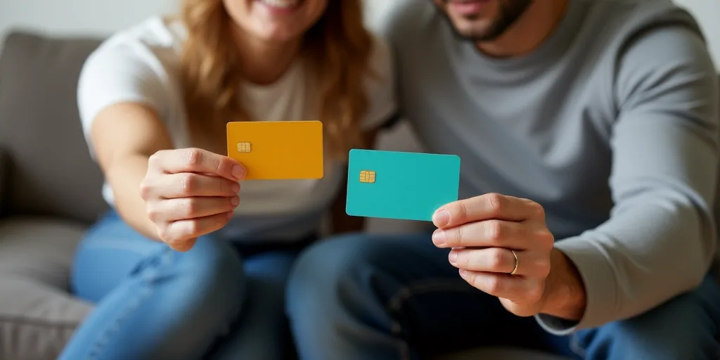 a man and woman sitting on a couch holding up two credit cards with the same color as the card, Doss