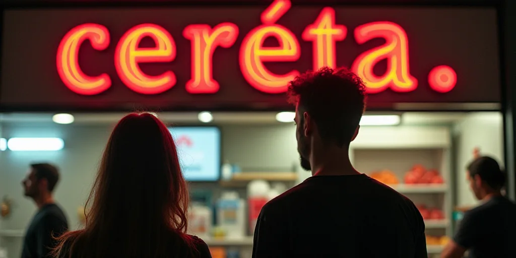 a man and woman standing in front of a sign that says'cereta'in spanish and english, Derf, hyper rea