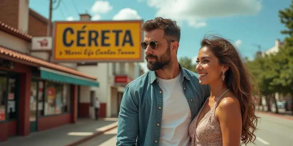 a man and woman standing in front of a sign that says'cereta'in spanish and english, Derf, hyper rea