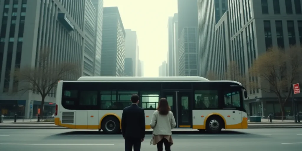 a man and woman standing in front of a bus on a city street with tall buildings in the background, C