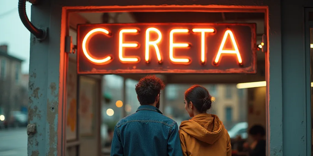 a man and woman standing in front of a sign that says'cereta'in spanish and english, Derf, hyper rea