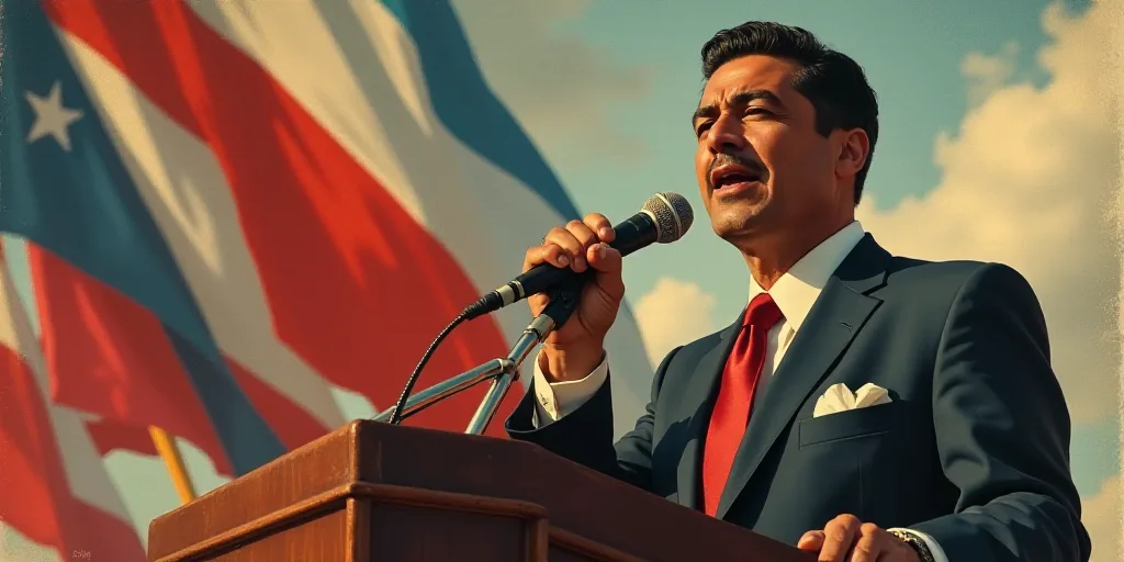 a man giving a speech in front of flags and a microphone with a microphone in his hand and a microph