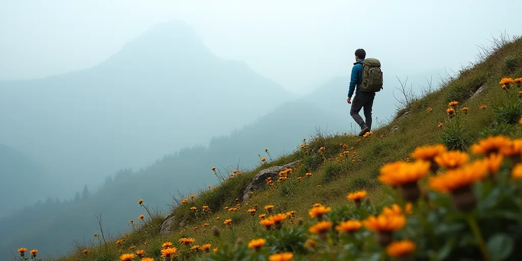 a man hiking up a hill in the mountains with flowers in the foreground and a foggy sky, Afewerk Tekl