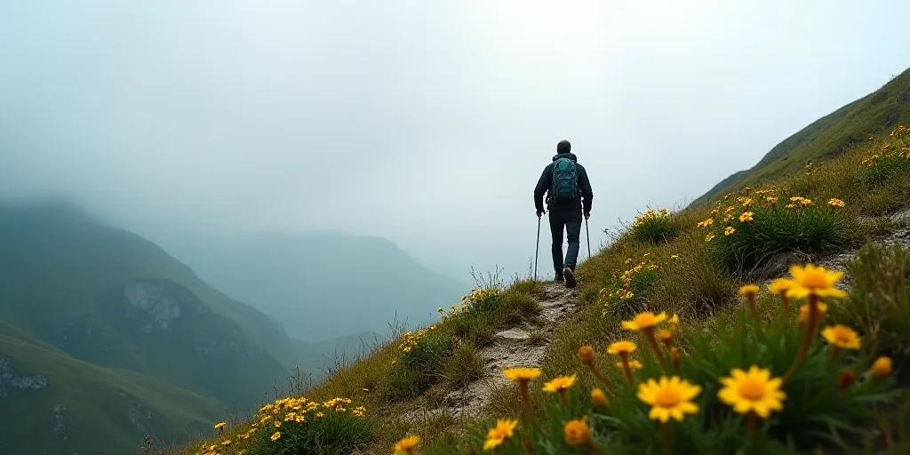 a man hiking up a hill in the mountains with flowers in the foreground and a foggy sky, Afewerk Tekl