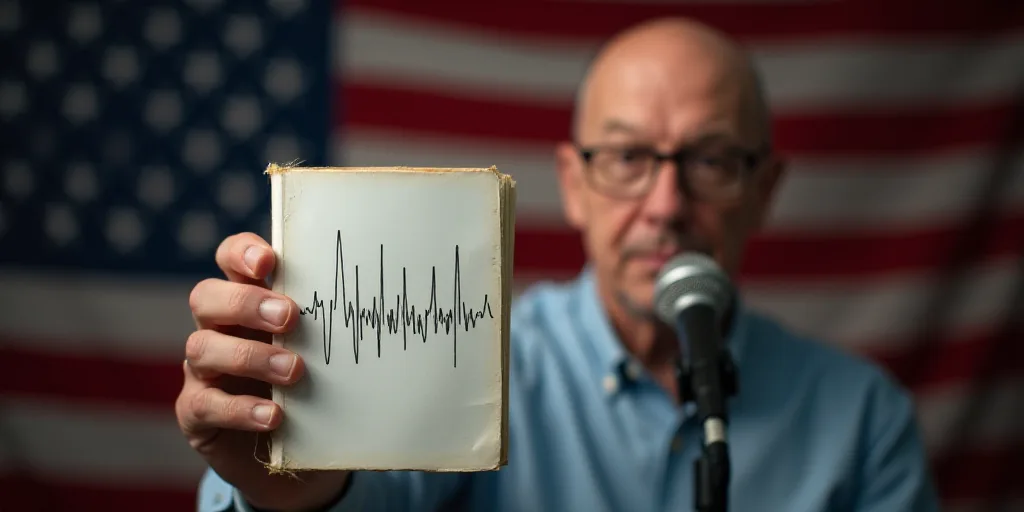 a man holding a book with a wave graph on it in front of a flag and a microphone in the background,