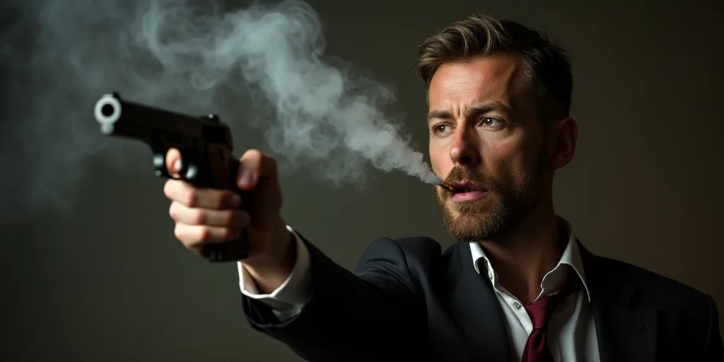 a man holding a gun with a bullet in it's mouth and a smoke billowing out of it, Dahlov Ipcar, 100mm