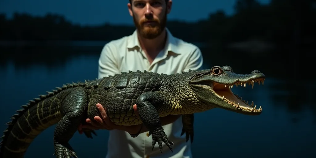 a man holding a large alligator in his hands at night time, with a white shirt on and a white shirt