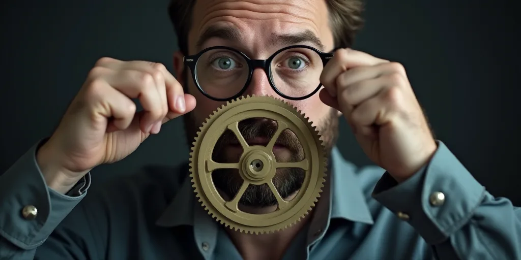a man holding a metal gear in front of his face with a magnifying glass on his face, Andries Stock,