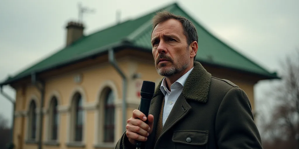 a man holding a microphone and a microphone stand in front of a building with a green roof and a red