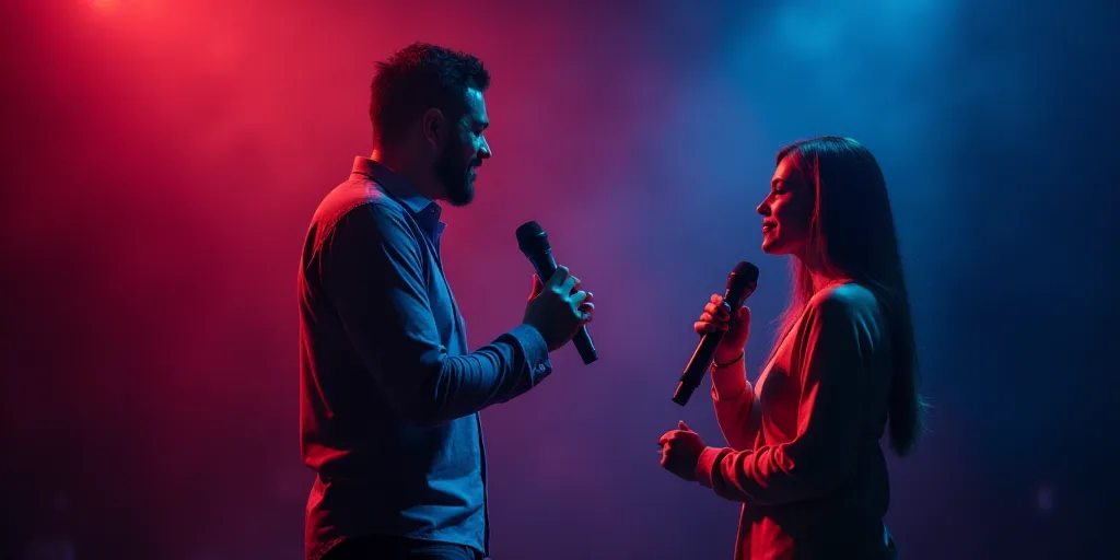 a man holding a microphone in front of a woman on stage with a microphone in his hand and a micropho