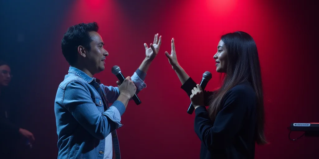 a man holding a microphone in front of a woman on stage with a microphone in his hand and a micropho
