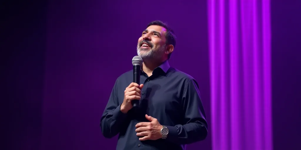 a man holding a microphone in his hand and looking up at the sky with a purple background and a purp