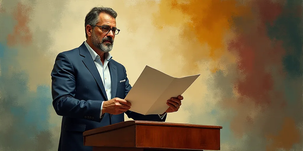 a man holding a piece of paper in his hands while standing at a podium with a sheet of paper in fron