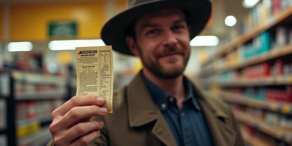 a man holding a powerball ticket in his right hand and a hat on his left hand in a store, Charles Fr