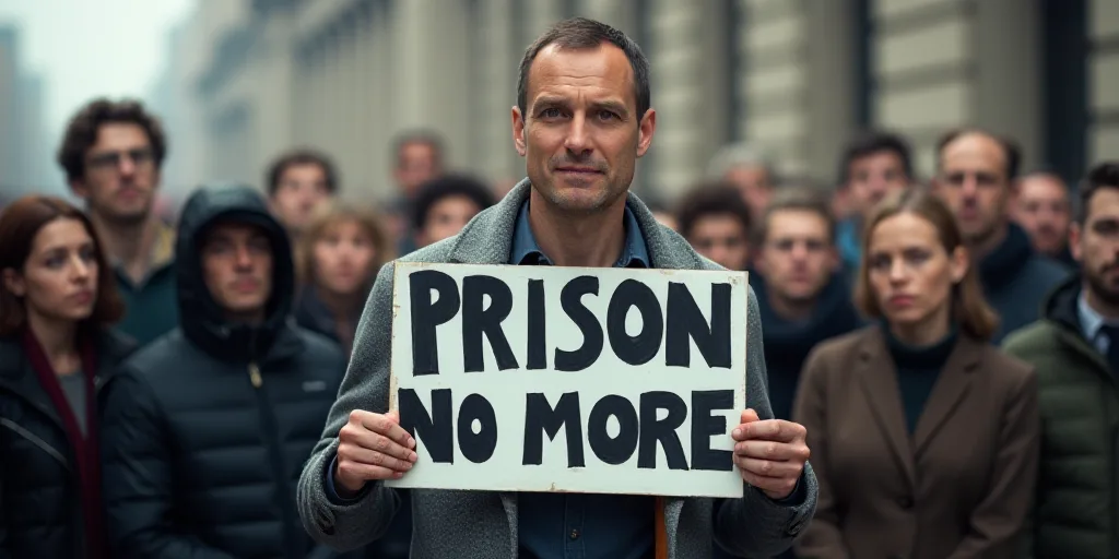 a man holding a sign that says prison no more on it while standing in front of a group of people, ES