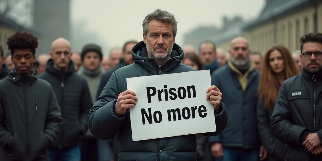 a man holding a sign that says prison no more on it while standing in front of a group of people, ES